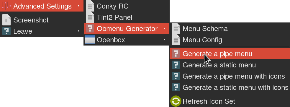 Nested section of Obmenu-generator menu.